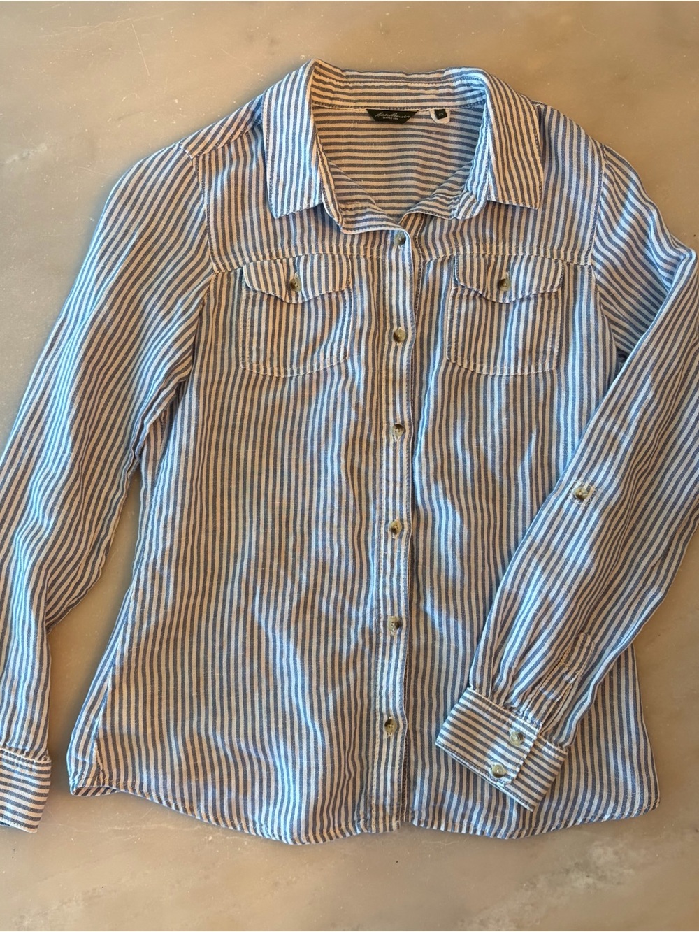 Eddie Bauer Blue and White Striped Button-Down Blouse cotton/linen blend